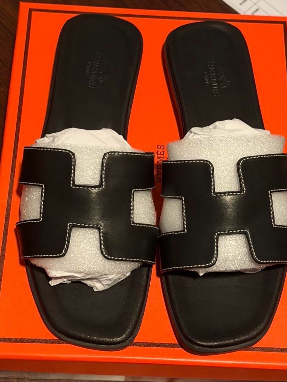 Hermes Black Leather H Slide Sandals